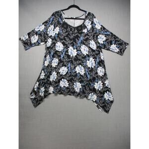Tunic Black White Blue Floral Trendy Boho Casual Tunic Top Women's Size 3X
